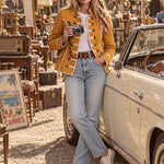 Women's Retro Woven Button Mustard Yellow Cotton Military Style Jacket