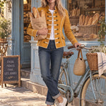 Women's Retro Woven Button Mustard Yellow Cotton Military Style Jacket