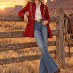 Women's Vintage Gold Button Military Style Red Wool Blend Coat