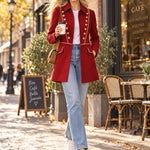 Women's Vintage Gold Button Military Style Red Wool Blend Coat