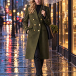 Women's Military-style Olive Green Wool Blend Double-breasted Long Coat