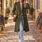Women's Military-style Olive Green Wool Blend Double-breasted Long Coat