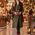 Women's Military-style Olive Green Wool Blend Double-breasted Long Coat