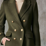 Women's Military-style Olive Green Wool Blend Double-breasted Long Coat