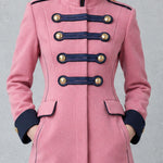 Women's Military-style Pink Wool Blend Double-breasted Long Coat