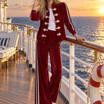 Women's Military Style Webbing Burgundy Velvet Jacket And Pants Set