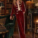 Women's Military Style Webbing Burgundy Velvet Jacket And Pants Set
