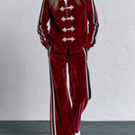 Women's Military Style Webbing Burgundy Velvet Jacket And Pants Set