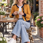 Retro Military Style Navy Blue Mustard Yellow Cable Knit Cardigan