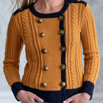 Retro Military Style Navy Blue Mustard Yellow Cable Knit Cardigan