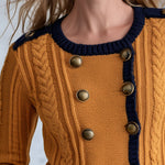 Retro Military Style Navy Blue Mustard Yellow Cable Knit Cardigan