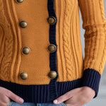 Retro Military Style Navy Blue Mustard Yellow Cable Knit Cardigan