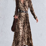 Vintage-Inspired Bohemian Leopard-Print Faux Suede V-Neck Wrap Maxi Dress