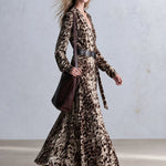Vintage-Inspired Bohemian Leopard-Print Faux Suede V-Neck Wrap Maxi Dress
