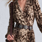 Vintage-Inspired Bohemian Leopard-Print Faux Suede V-Neck Wrap Maxi Dress