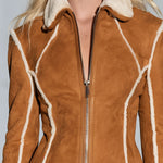 Retro-style Faux Fur Collar Caramel-colored Faux Suede Jacket