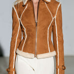 Retro-style Faux Fur Collar Caramel-colored Faux Suede Jacket