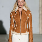 Retro-style Faux Fur Collar Caramel-colored Faux Suede Jacket