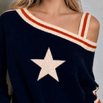 Casual Retro Navy Blue One-shoulder Color-blocked Five-pointed Star Sweater