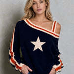 Casual Retro Navy Blue One-shoulder Color-blocked Five-pointed Star Sweater