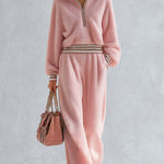Pink Teddy Fleece Hooded Half-Zip Pullover and Wide-Leg Pants Set