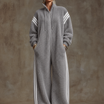 Casual Loose-fitting White Striped Gray Fleece Zip-up Jumpsuit