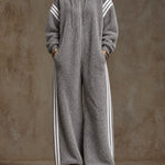 Casual Loose-fitting White Striped Gray Fleece Zip-up Jumpsuit