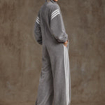Casual Loose-fitting White Striped Gray Fleece Zip-up Jumpsuit