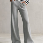 Stylish Sporty Striped Half-zip Grey Knit Top And Pants Set