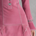 Western Glam Pink Frayed Trim Plunge Neck Bell Sleeve Denim Mini Dress