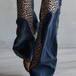 Retro Western Leopard Patchwork Dark Wash Mid Rise Flare Jeans