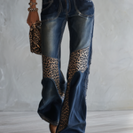 Retro Western Leopard Patchwork Dark Wash Mid Rise Flare Jeans