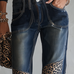 Retro Western Leopard Patchwork Dark Wash Mid Rise Flare Jeans