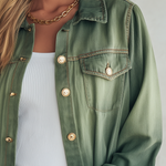 Vintage Utility Olive Green Ombre Gold Button Oversized Denim Shirt Jacket