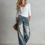 Vintage Americana Gold Star Embroidered Faded Wash Barrel Leg Jeans