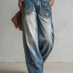 Vintage Americana Gold Star Embroidered Faded Wash Barrel Leg Jeans