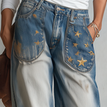 Vintage Americana Gold Star Embroidered Faded Wash Barrel Leg Jeans
