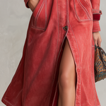 Vintage Western Red Velvet Collar Belted Button Front Denim Trench Coat
