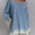 Boho Chic Fringe Hem Dip Dye Boat Neck Oversized Denim Tunic Dress