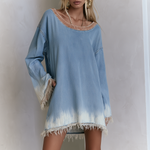 Boho Chic Fringe Hem Dip Dye Boat Neck Oversized Denim Tunic Dress