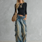 Vintage Grunge Dirty Wash Low Rise Baggy Cargo Wide Leg Jeans