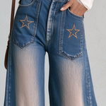 Retro Western Star Embroidered Sun Faded High Rise Wide Leg Jeans