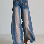 Retro Western Star Embroidered Sun Faded High Rise Wide Leg Jeans