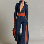 Retro Sporty Orange Stripe Plunge Zip Front Wide Leg Denim Jumpsuit