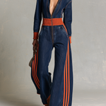 Retro Sporty Orange Stripe Plunge Zip Front Wide Leg Denim Jumpsuit