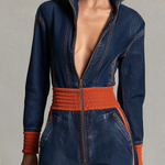 Retro Sporty Orange Stripe Plunge Zip Front Wide Leg Denim Jumpsuit