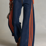 Retro Sporty Orange Stripe Plunge Zip Front Wide Leg Denim Jumpsuit