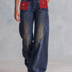 Vintage Western Red Suede Pocket Dark Wash High Rise Wide Leg Jeans