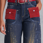 Vintage Western Red Suede Pocket Dark Wash High Rise Wide Leg Jeans