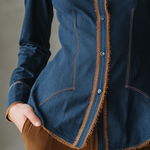 Vintage Western Fringe Trim Fitted Button Up Dark Wash Denim Shirt
